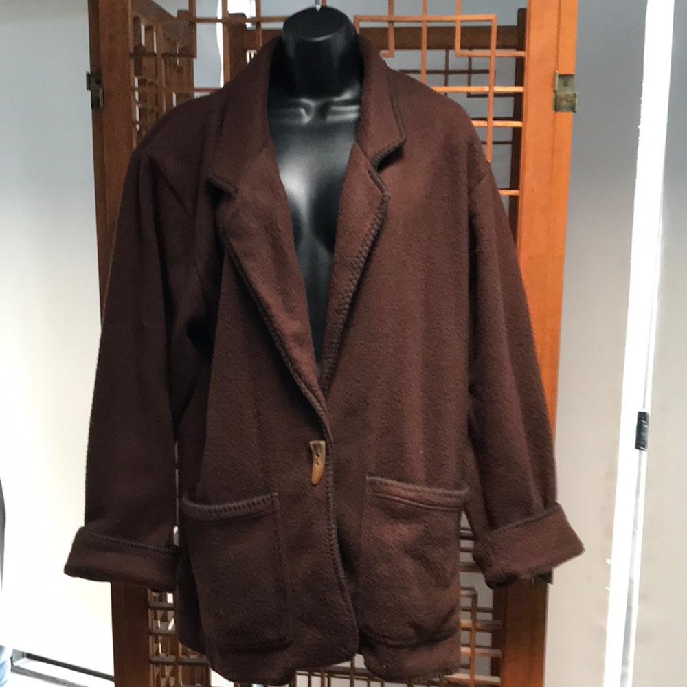Pasta- brown lightweight jacket with detailed black stitching. Size Medium.